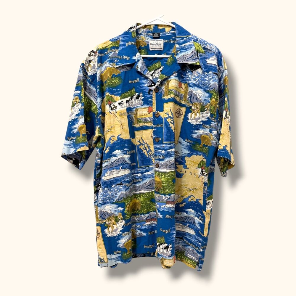 David Carey Hawaiian Shirt Mens 2X Alaska Map Print Short Sleeve Button Up Blue